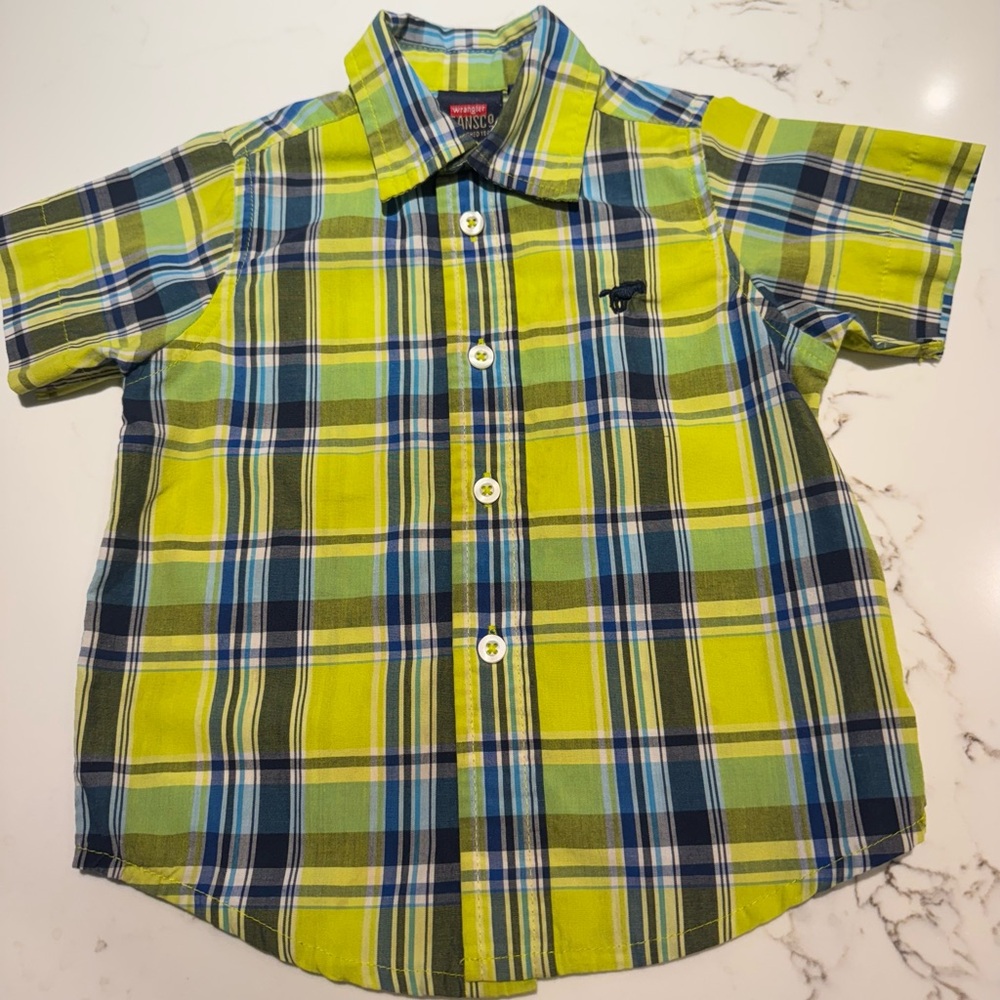 BABY TODDLER BUTTON DOWN SHORT SLEEVE SHIRT. GREEN PLAID SHIRT. Infants (24 mos) - Picture 5 of 8
